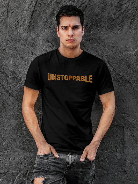 Model wearing Men's Black Round Neck T-shirt with 'Unstoppable' design, offering effortless style and premium comfort