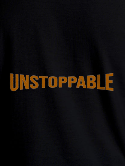 Close up of 'Unstoppable' design on Men's Black Round Neck T-shirt, highlighting intricate details and vibrant print.