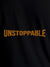 Close up of 'Unstoppable' design on Men's Black Round Neck T-shirt, highlighting intricate details and vibrant print.