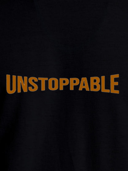 Close up of 'Unstoppable' design on Women's Black Round Neck T-shirt, highlighting intricate details and vibrant print.