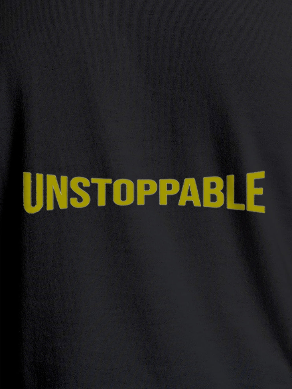 Close up of 'Unstoppable' design on Men's Dark Grey Round Neck T-shirt, highlighting intricate details and vibrant print.