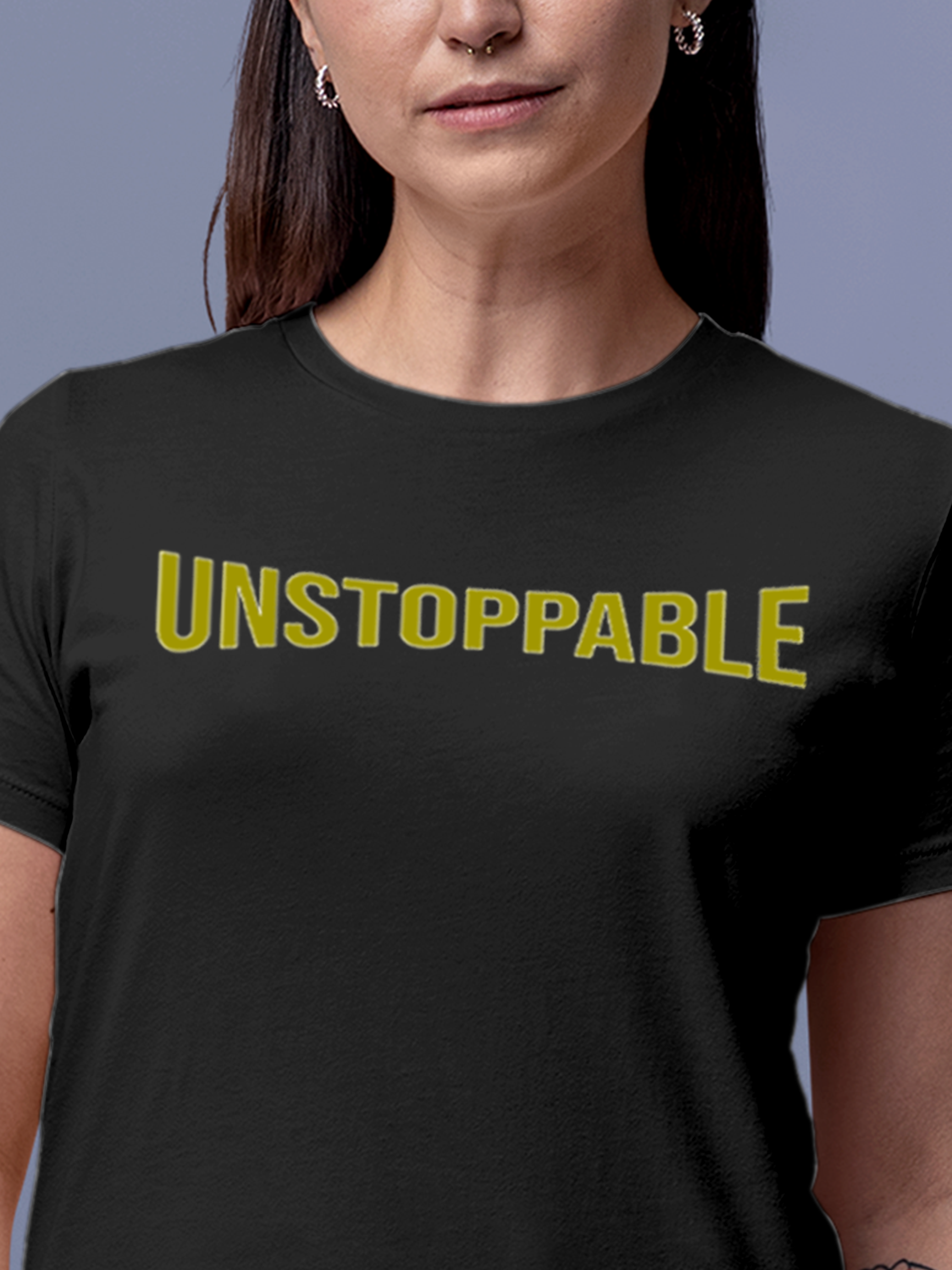 Close up of 'Unstoppable' design on Women's Dark Grey Round Neck T-shirt, highlighting intricate details and vibrant print.