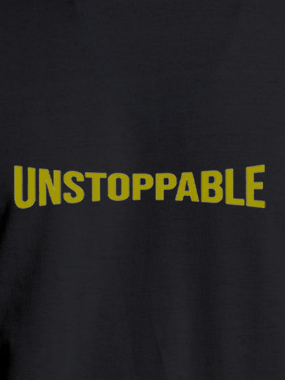 Close up of 'Unstoppable' design on Women's Dark Grey Round Neck T-shirt, highlighting intricate details and vibrant print.