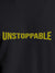 Close up of 'Unstoppable' design on Women's Dark Grey Round Neck T-shirt, highlighting intricate details and vibrant print.