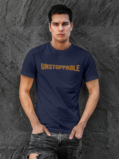 Model wearing Men's Navy Blue Round Neck T-shirt with 'Unstoppable' design, offering effortless style and premium comfort