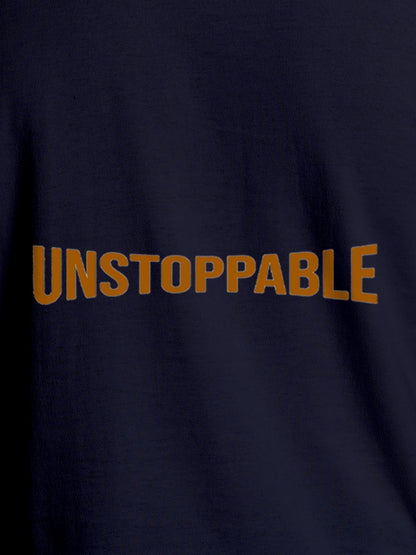Close up of 'Unstoppable' design on Men's Navy Blue Round Neck T-shirt, highlighting intricate details and vibrant print.