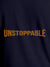 Close up of 'Unstoppable' design on Men's Navy Blue Round Neck T-shirt, highlighting intricate details and vibrant print.