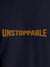 Close up of 'Unstoppable' design on Women's Navy Blue Round Neck T-shirt, highlighting intricate details and vibrant print.