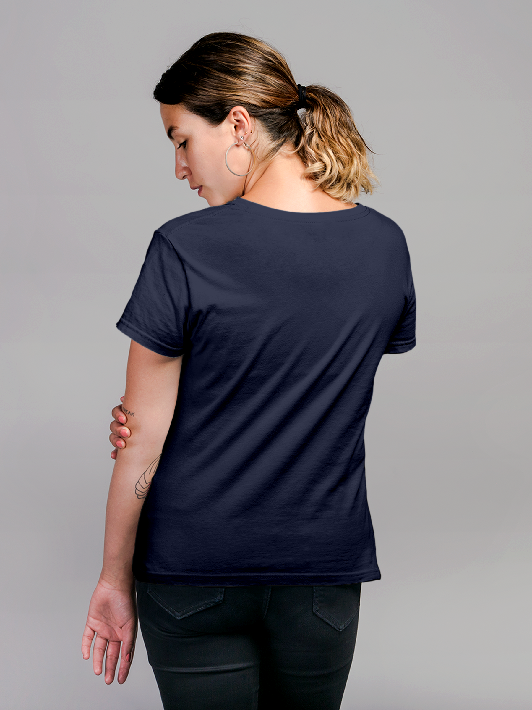 Back view of Fighterhero Women's Navy Blue Round Neck T-shirt, highlighting the modern look and clean finish