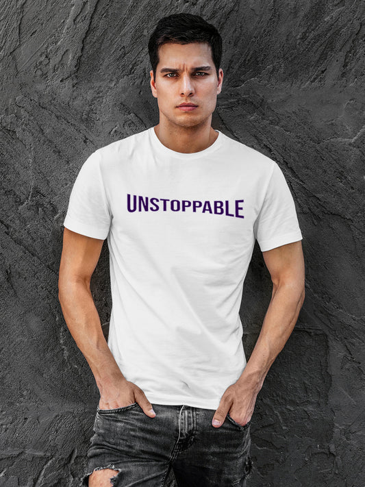 Model wearing Men's White Round Neck T-shirt with 'Unstoppable' design, offering effortless style and premium comfort