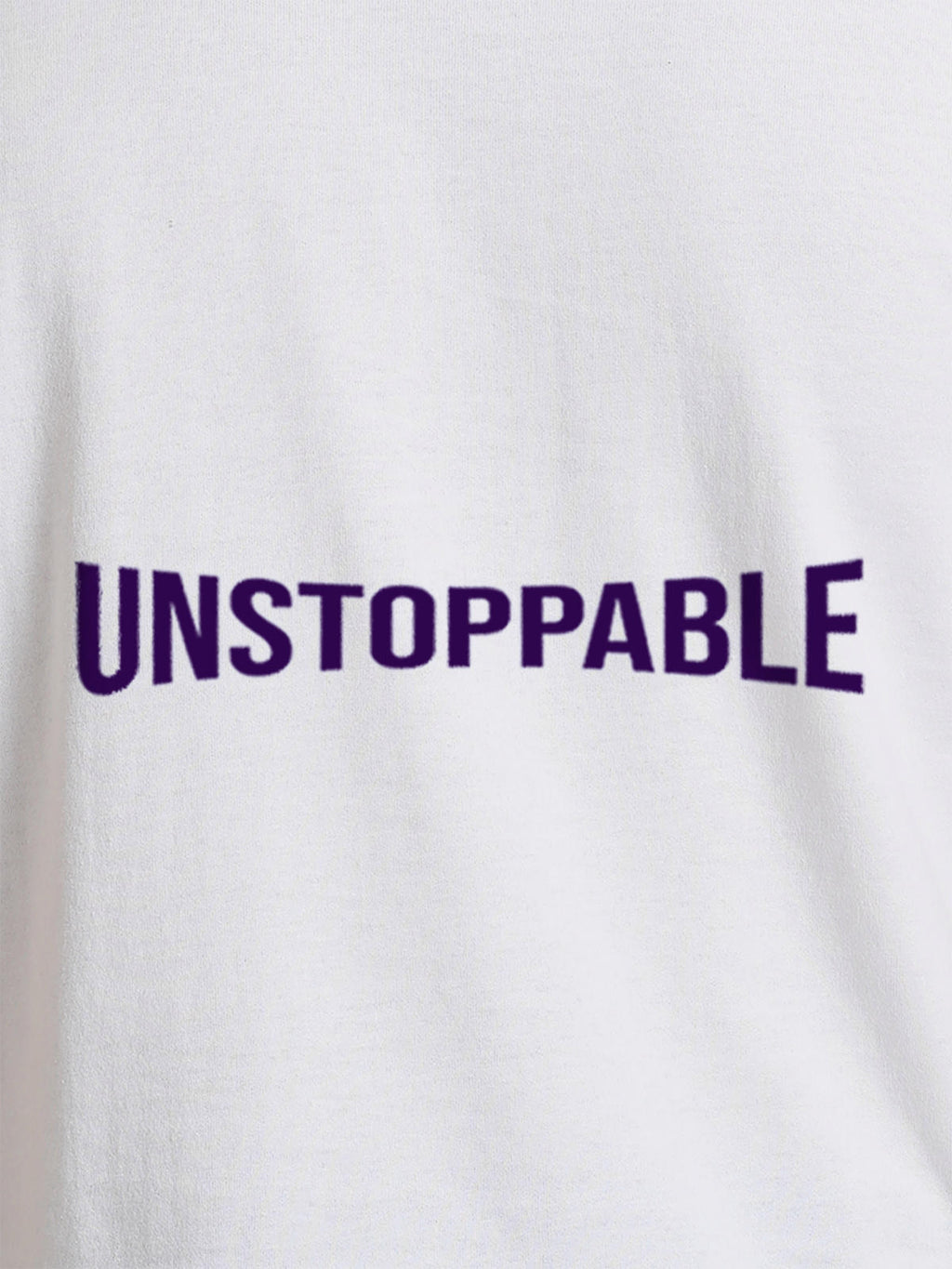 Close up of 'Unstoppable' design on Men's White Round Neck T-shirt, highlighting intricate details and vibrant print.