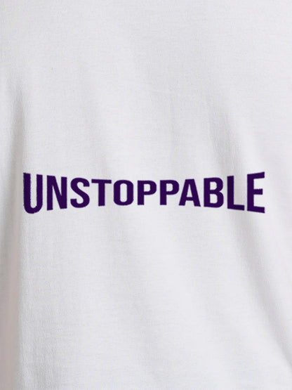 Close up of 'Unstoppable' design on Men's White Round Neck T-shirt, highlighting intricate details and vibrant print.