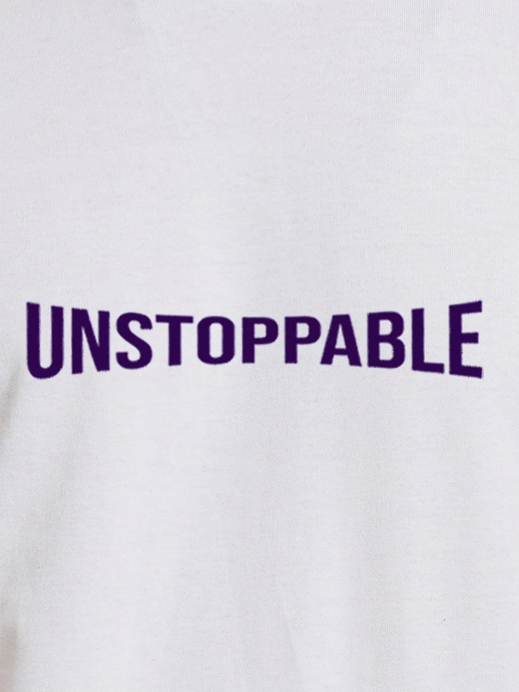 Close up of 'Unstoppable' design on Women's White Round Neck T-shirt, highlighting intricate details and vibrant print.
