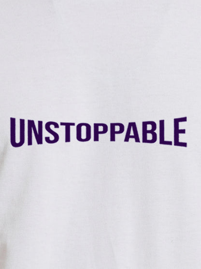 Close up of 'Unstoppable' design on Women's White Round Neck T-shirt, highlighting intricate details and vibrant print.