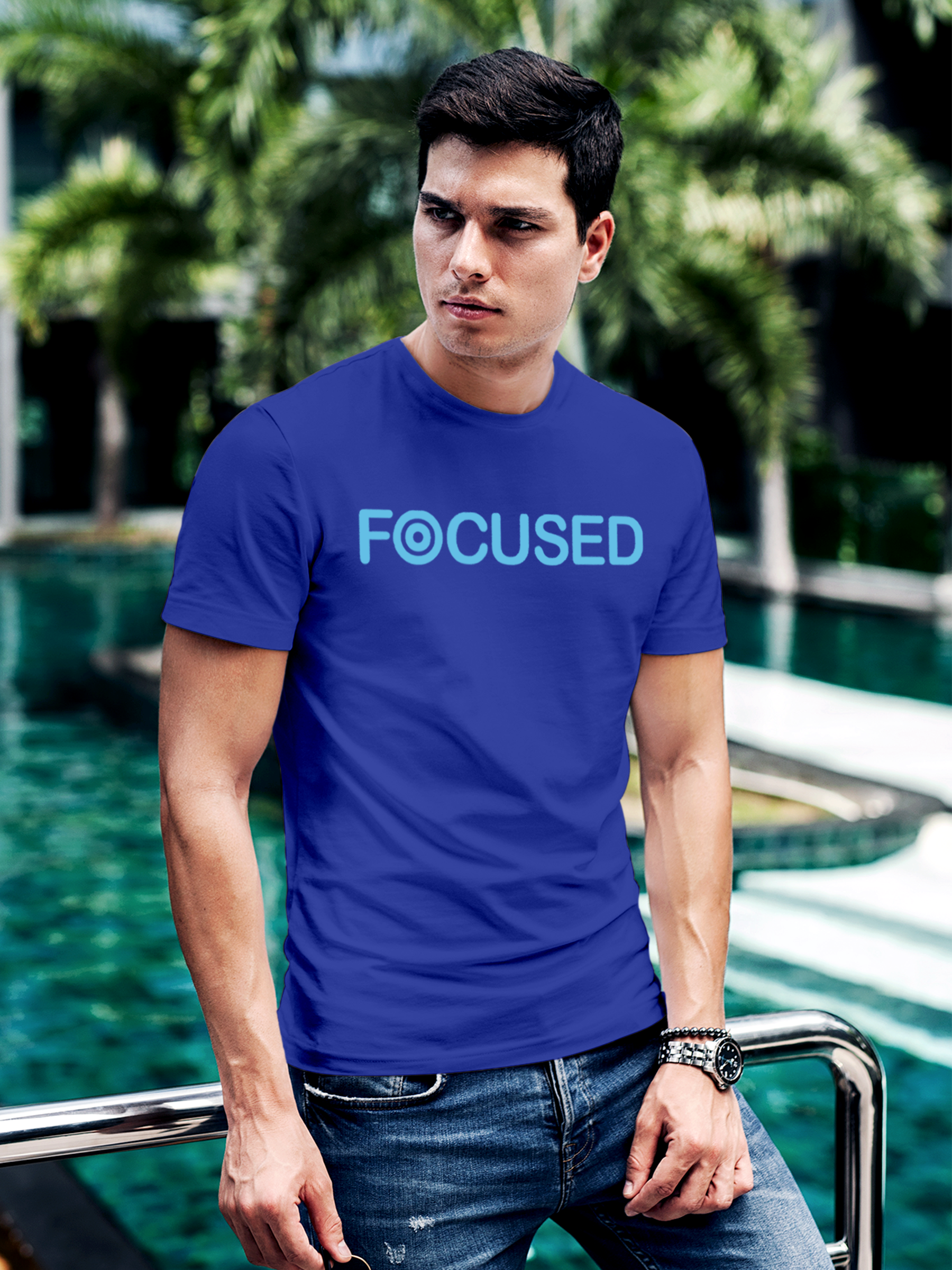 Fighterhero T-shirts: Model wearing Men's Blue Round Neck T-shirt with 'Focused' design