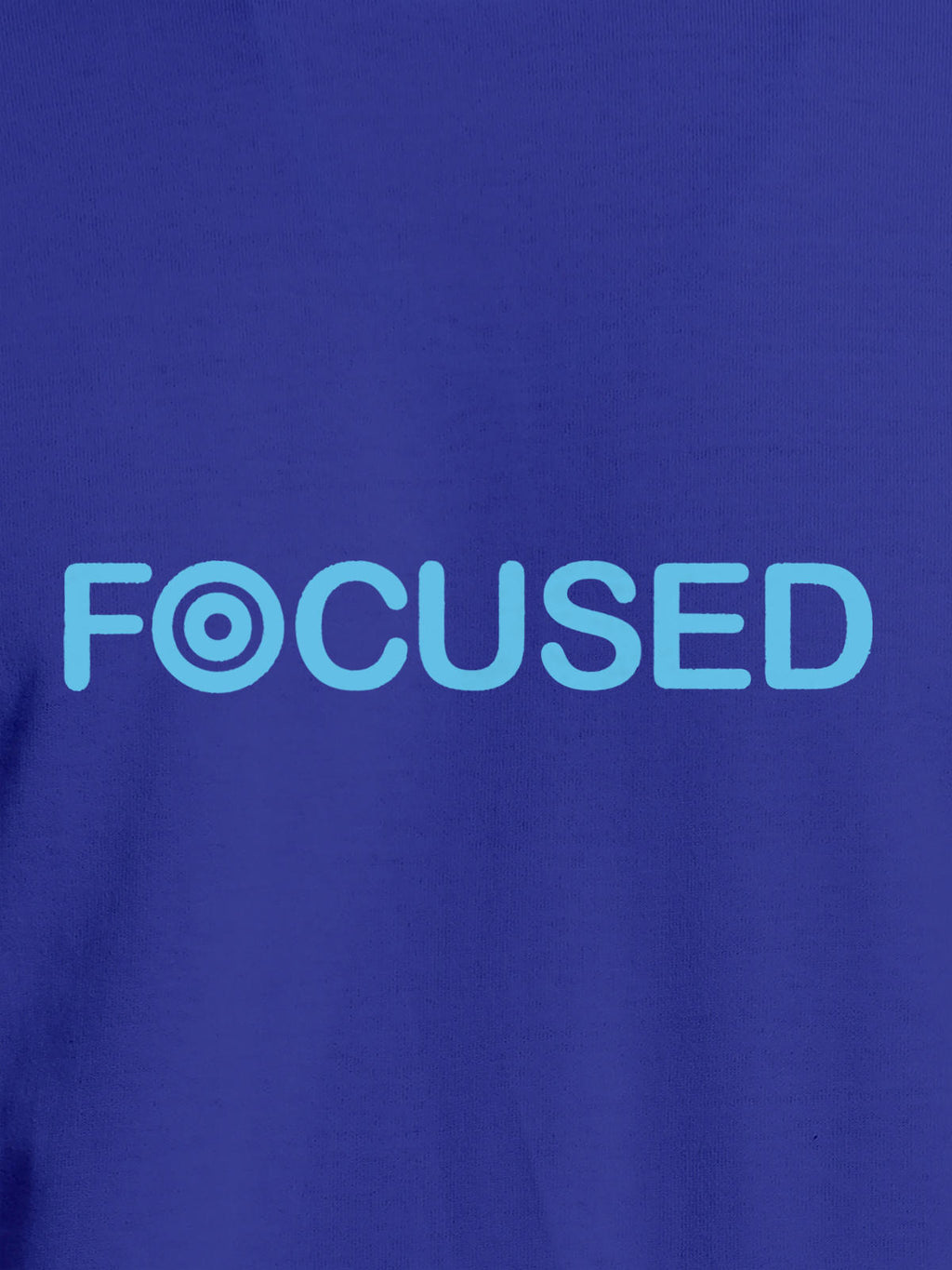 Close up of 'Focused' design on Men's Blue Round Neck T-shirt, highlighting intricate details and vibrant print.
