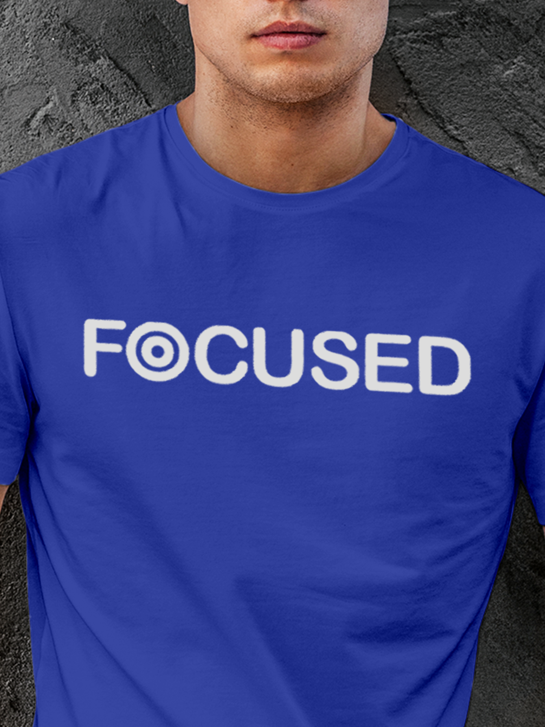 Close up of 'Focused' design on Men's Blue Round Neck T-shirt, highlighting intricate details and vibrant print.