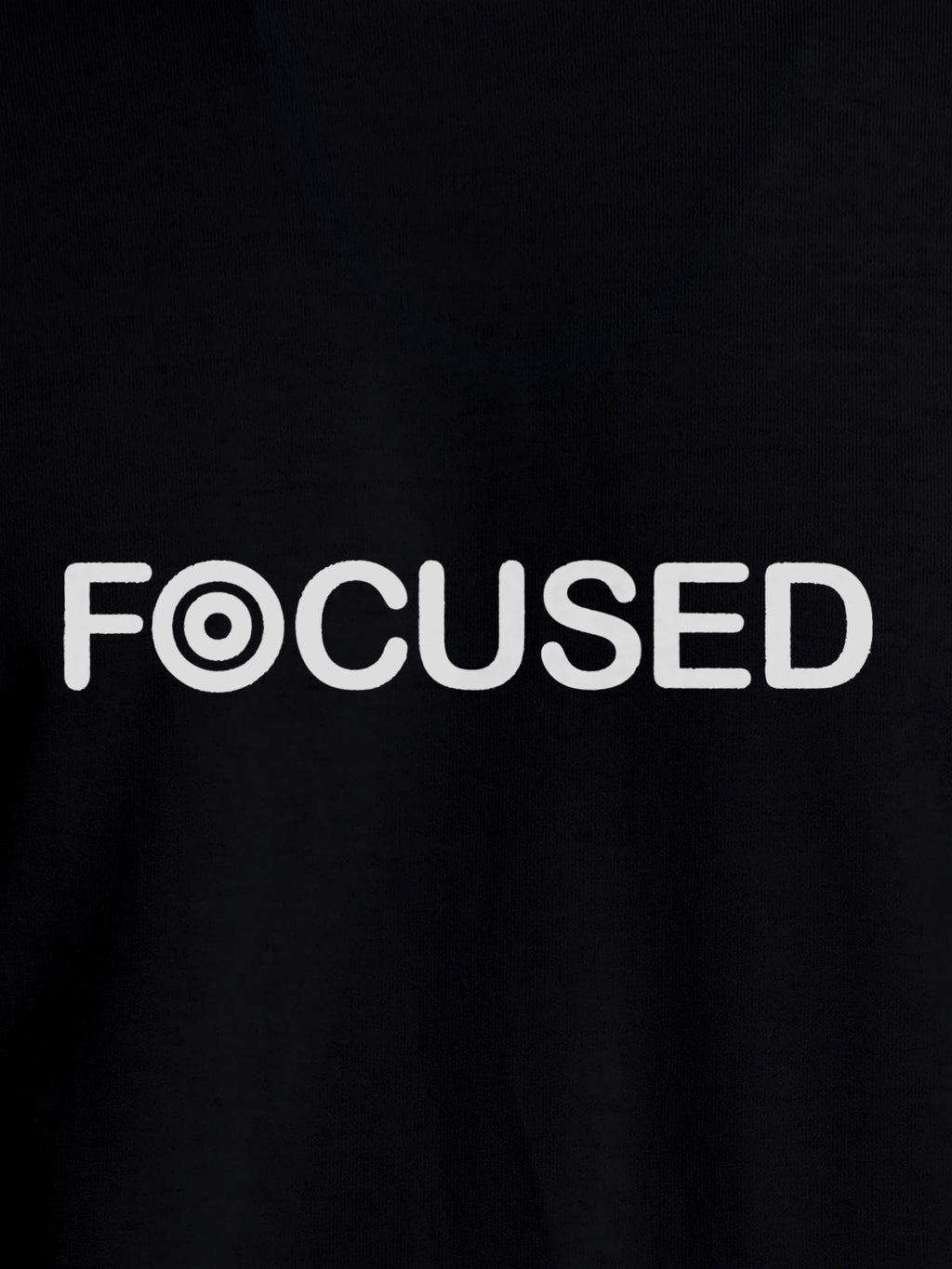 Close up of 'Focused' design on Men's Black Round Neck T-shirt, highlighting intricate details and vibrant print.