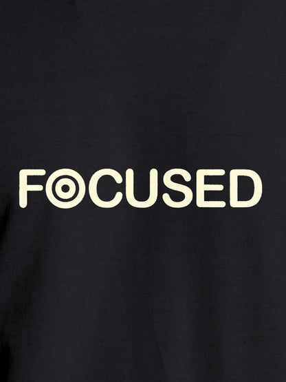 Close up of 'Focused' design on Men's Dark Grey Round Neck T-shirt, highlighting intricate details and vibrant print.