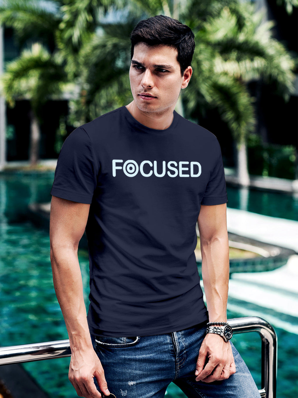 Model wearing Men's Navy Blue Round Neck T-shirt with 'Focused' design, offering effortless style and premium comfort