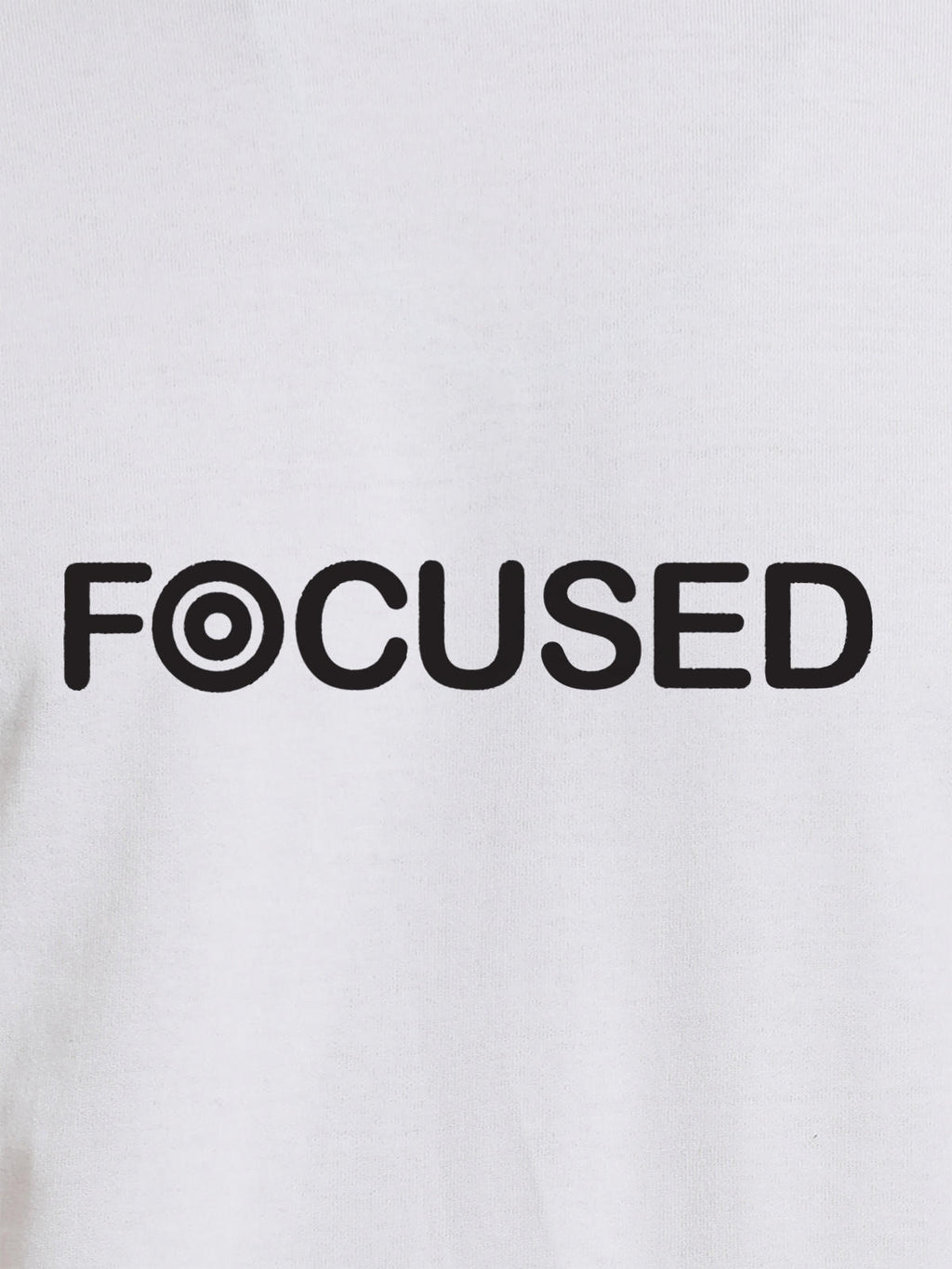 Close up of 'Focused' design on Men's White Round Neck T-shirt, highlighting intricate details and vibrant print.
