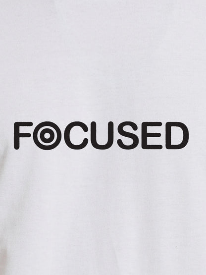 Close up of 'Focused' design on Men's White Round Neck T-shirt, highlighting intricate details and vibrant print.