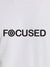 Close up of 'Focused' design on Men's White Round Neck T-shirt, highlighting intricate details and vibrant print.