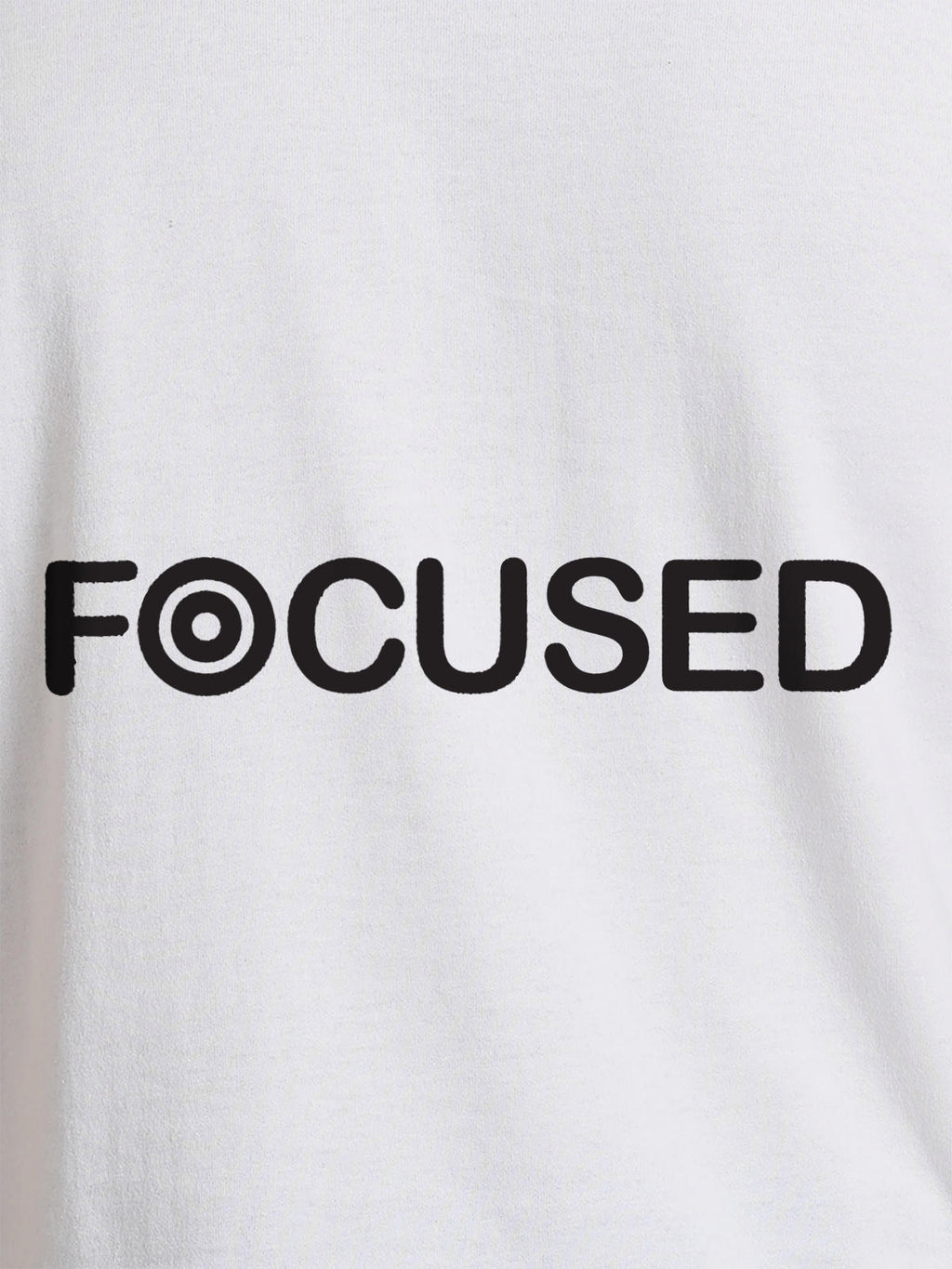 Close up of 'Focused' design on Women's White Round Neck T-shirt, highlighting intricate details and vibrant print.
