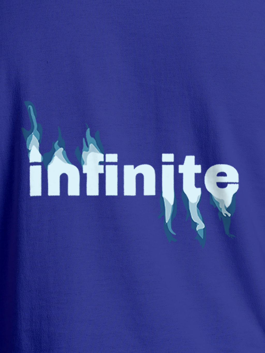 Close up of 'Infinite' design on Men's Blue Round Neck T-shirt, highlighting intricate details and vibrant print.