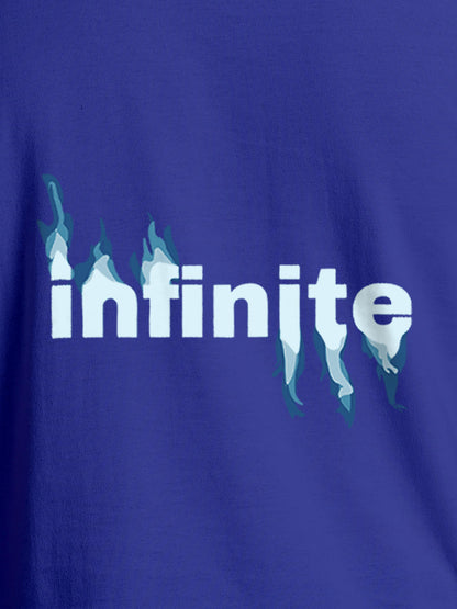 Close up of 'Infinite' design on Men's Blue Round Neck T-shirt, highlighting intricate details and vibrant print.