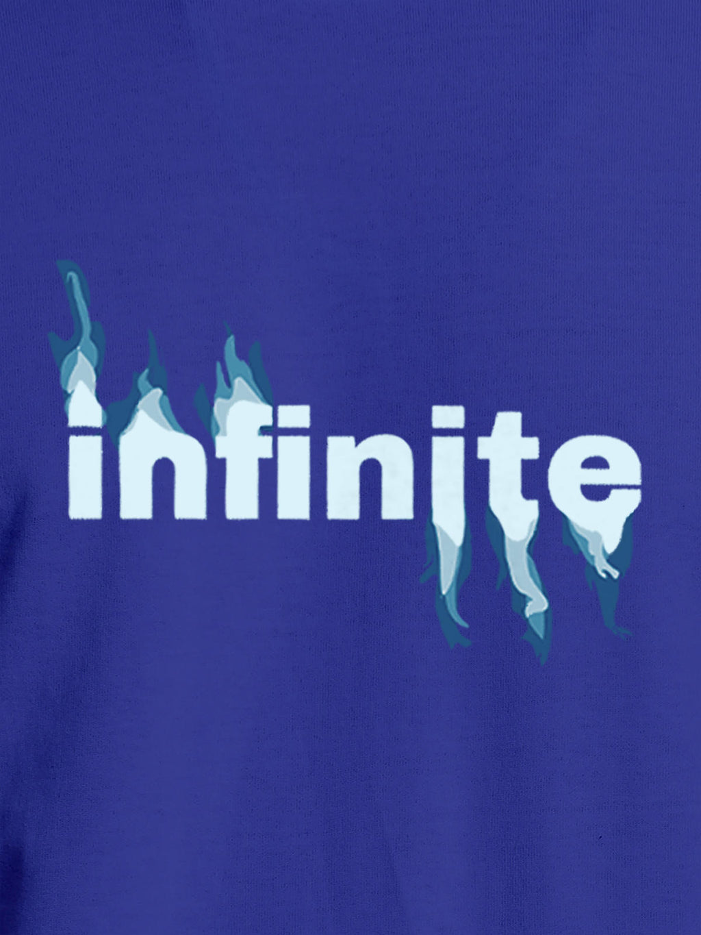 Close up of 'Infinite' design on Women's Blue Round Neck T-shirt, highlighting intricate details and vibrant print.