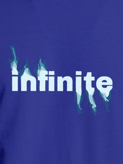 Close up of 'Infinite' design on Women's Blue Round Neck T-shirt, highlighting intricate details and vibrant print.