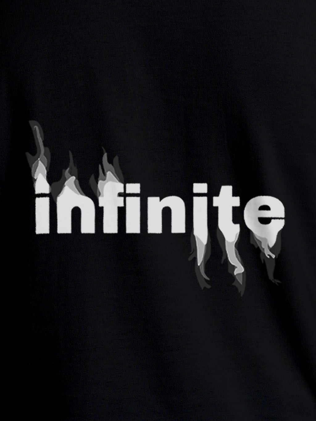Close up of 'Infinite' design on Men's Black Round Neck T-shirt, highlighting intricate details and vibrant print.