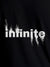 Close up of 'Infinite' design on Men's Black Round Neck T-shirt, highlighting intricate details and vibrant print.