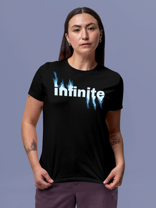 Fighterhero T-shirts: Model wearing Women's Black Round Neck T-shirt with 'Infinite' design