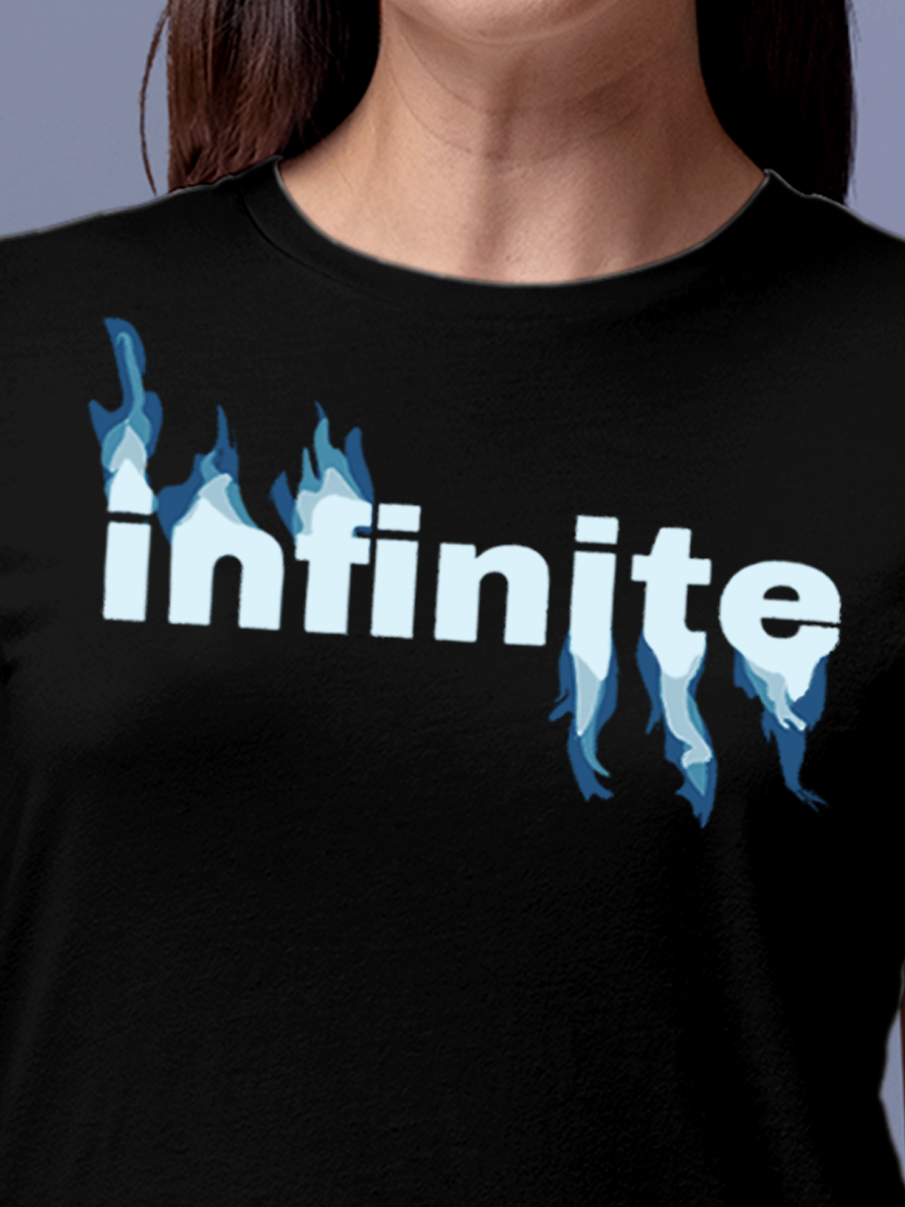 Close up of 'Infinite' design on Women's Black Round Neck T-shirt, highlighting intricate details and vibrant print.