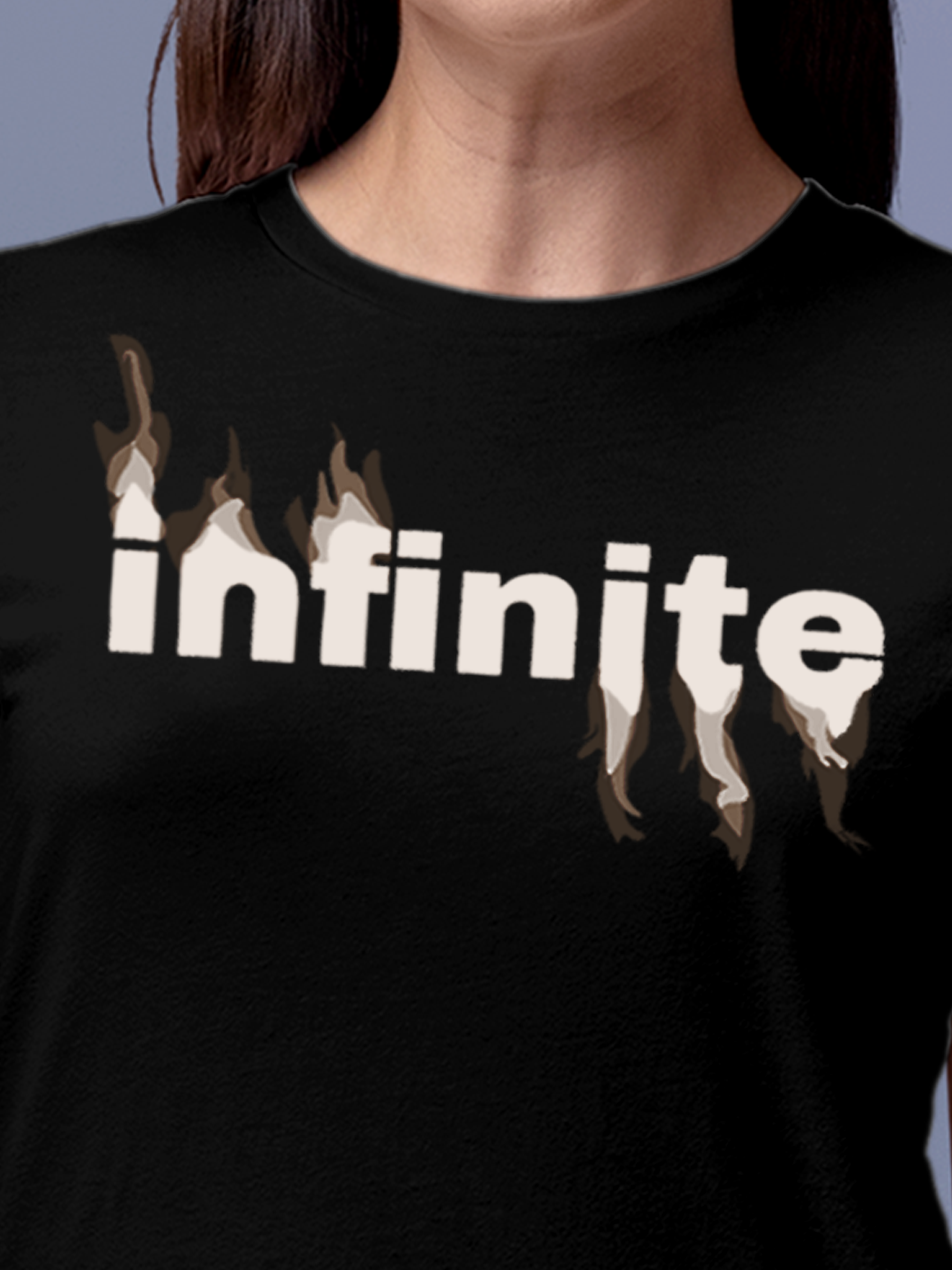 Close up of 'Infinite' design on Women's Black Round Neck T-shirt, highlighting intricate details and vibrant print.