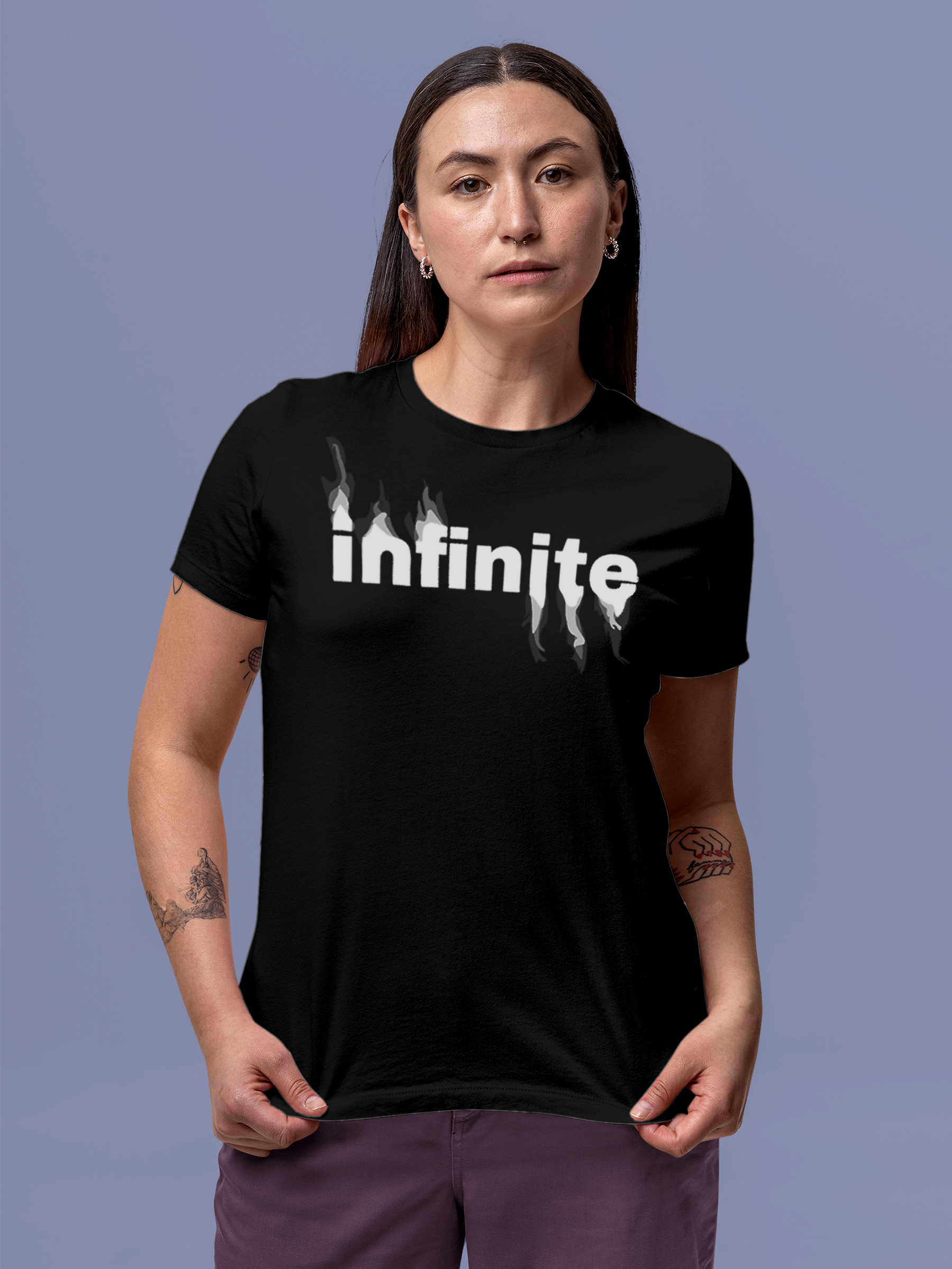Model wearing Women's Black Round Neck T-shirt with 'Infinite' design, offering effortless style and premium comfort