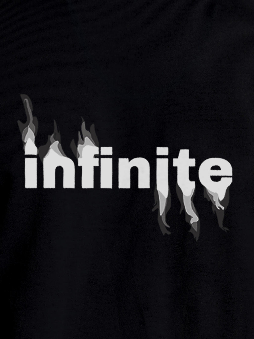 Close up of 'Infinite' design on Women's Black Round Neck T-shirt, highlighting intricate details and vibrant print.