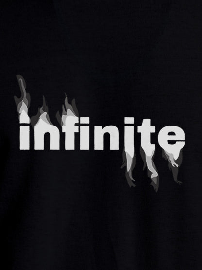Close up of 'Infinite' design on Women's Black Round Neck T-shirt, highlighting intricate details and vibrant print.