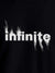Close up of 'Infinite' design on Women's Black Round Neck T-shirt, highlighting intricate details and vibrant print.