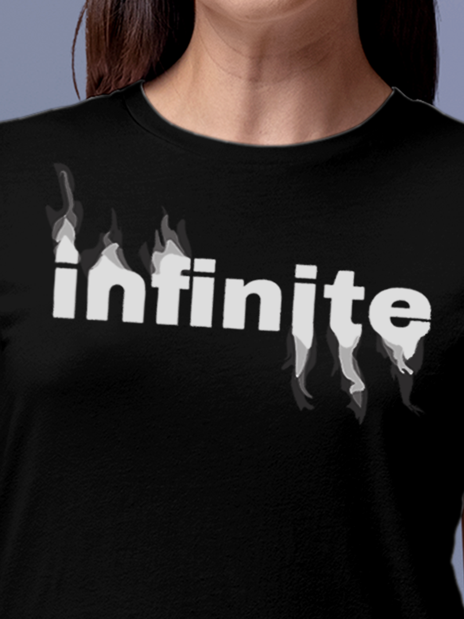 Close up of 'Infinite' design on Women's Black Round Neck T-shirt, highlighting intricate details and vibrant print.