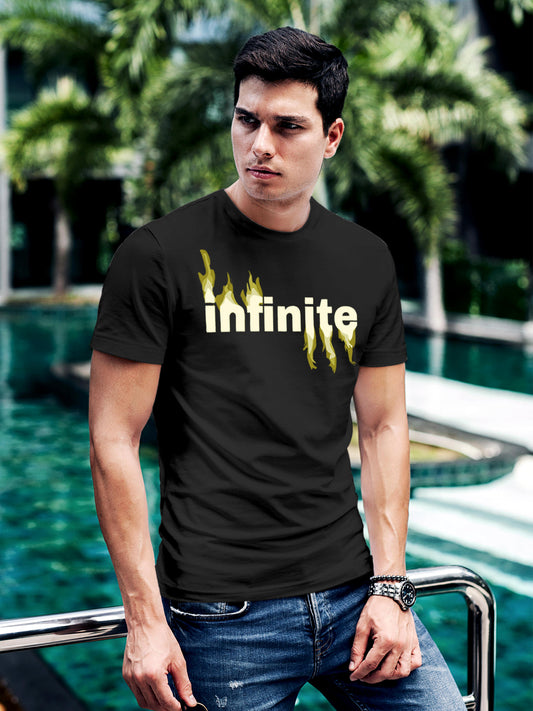 Model wearing Men's Dark Grey Round Neck T-shirt with 'Infinite' design, offering effortless style and premium comfort