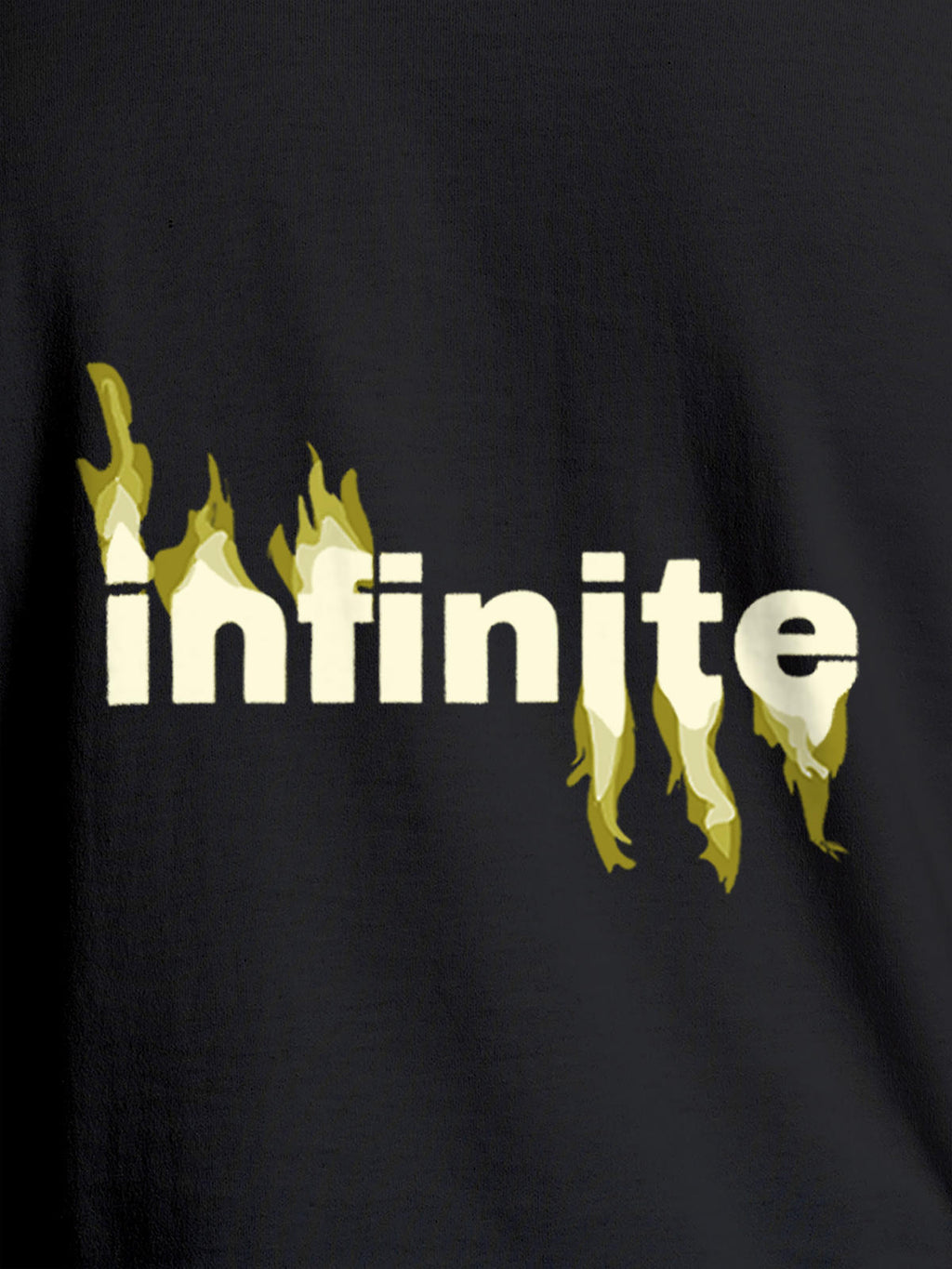 Close up of 'Infinite' design on Men's Dark Grey Round Neck T-shirt, highlighting intricate details and vibrant print.