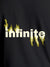 Close up of 'Infinite' design on Men's Dark Grey Round Neck T-shirt, highlighting intricate details and vibrant print.