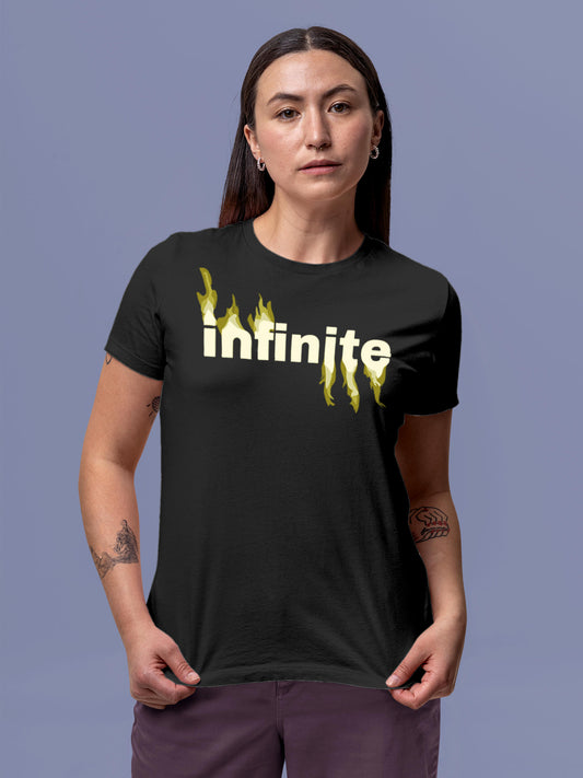 Model wearing Women's Dark Grey Round Neck T-shirt with 'Infinite' design, offering effortless style and premium comfort