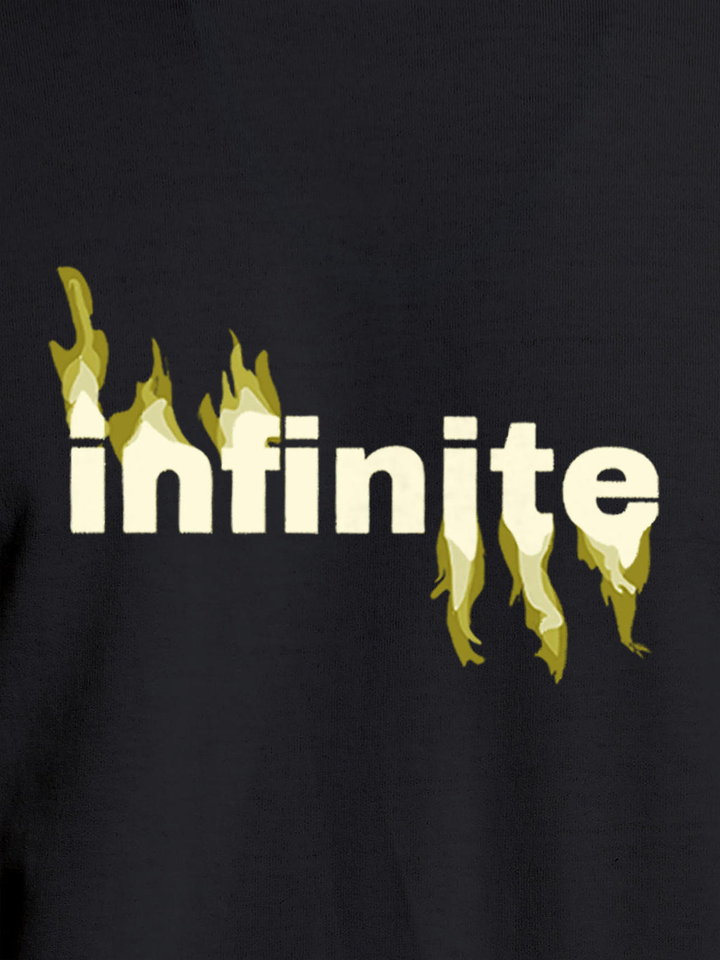 Close up of 'Infinite' design on Women's Dark Grey Round Neck T-shirt, highlighting intricate details and vibrant print.
