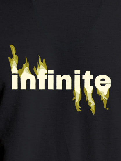 Close up of 'Infinite' design on Women's Dark Grey Round Neck T-shirt, highlighting intricate details and vibrant print.