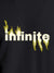 Close up of 'Infinite' design on Women's Dark Grey Round Neck T-shirt, highlighting intricate details and vibrant print.