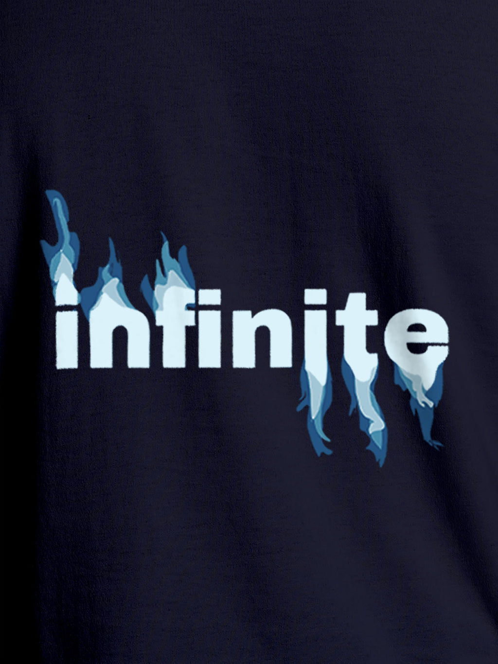 Close up of 'Infinite' design on Men's Navy Blue Round Neck T-shirt, highlighting intricate details and vibrant print.